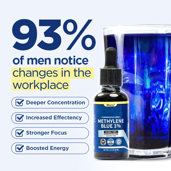 This 1:1 square ad uses a bold percentage statistic and a list of core benefits to drive product interest for Methylene Blue drops.